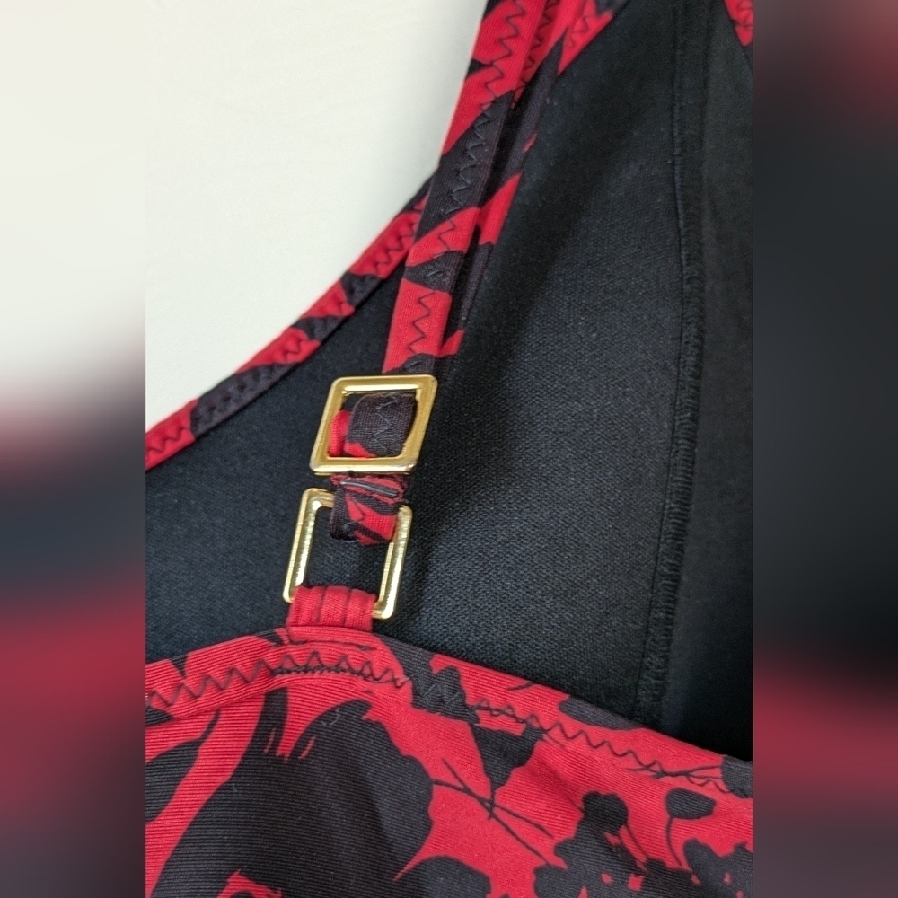 JANTZEN Swim Dress, Red & Black Floral One-Piece, Empire Waist, Size L - Picture 5 of 9